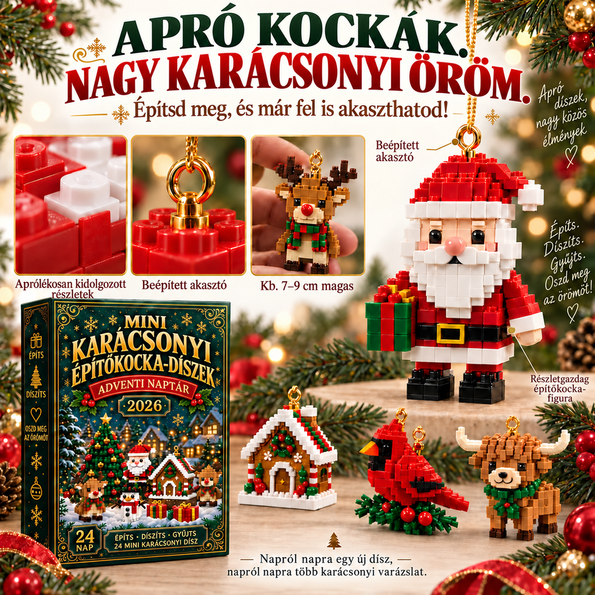 🎅Billhol® 24 napos adventi naptár mini karácsonyi építőkocka-díszekkel – 24 különböző, megépíthető ünnepi figura és dísz