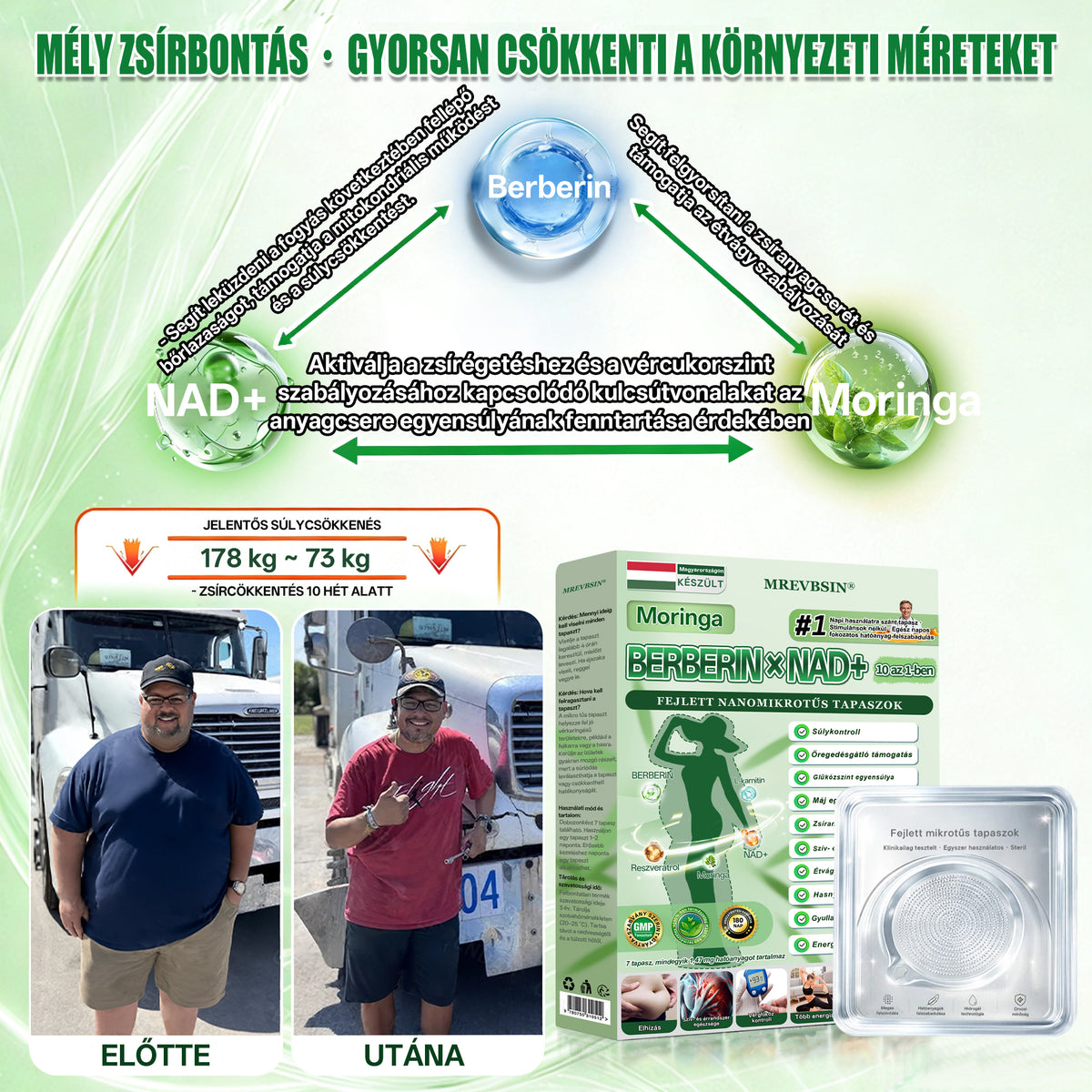 Orvosok által kifejlesztett formula 🛍️ | MREVBSIN® Moringa és berberin × NAD+ – 10 az 1-ben fejlett nano-mikrotűs tapasz (Látható eredmények már 7 nap alatt)