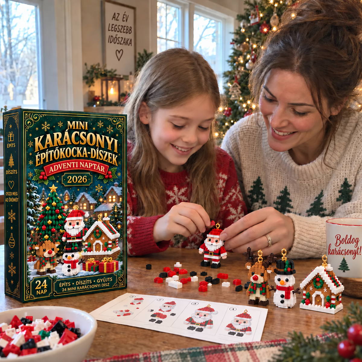 🎅Billhol® 24 napos adventi naptár mini karácsonyi építőkocka-díszekkel – 24 különböző, megépíthető ünnepi figura és dísz
