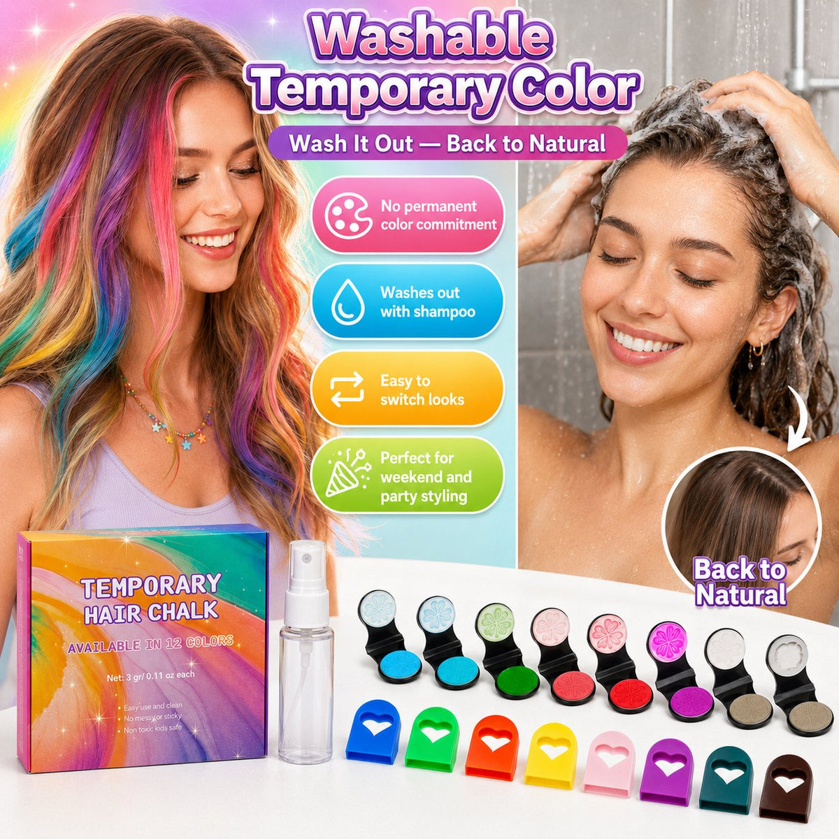 𝐁i𝐥𝐥𝐡𝐨𝐥®🎨 12-Shade Washable Hair Pigment Wands: Non-Sticky & Kid-Safe (Ages 3+), The Ultimate Birthday Gift Kit