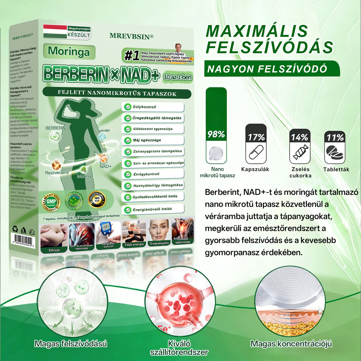 Orvosok által kifejlesztett formula 🛍️ | MREVBSIN® Moringa és berberin × NAD+ – 10 az 1-ben fejlett nano-mikrotűs tapasz (Látható eredmények már 7 nap alatt)
