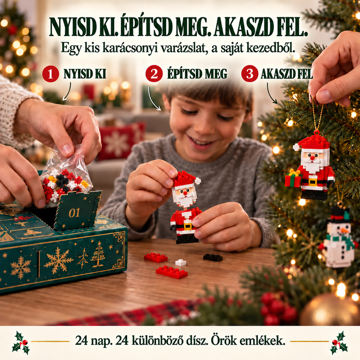 🎅Billhol® 24 napos adventi naptár mini karácsonyi építőkocka-díszekkel – 24 különböző, megépíthető ünnepi figura és dísz