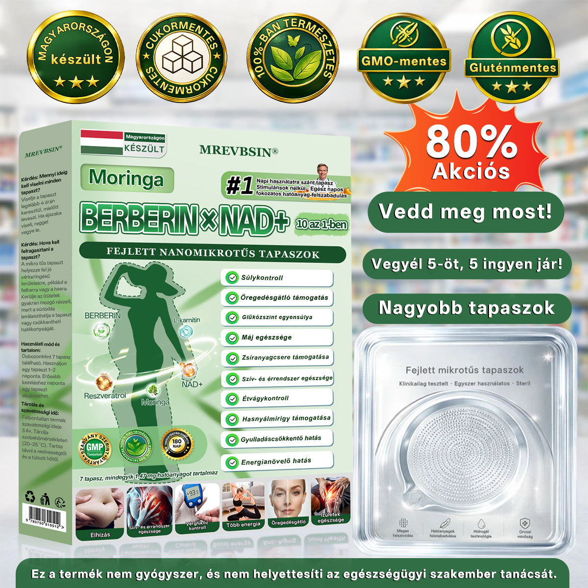 Orvosok által kifejlesztett formula 🛍️ | MREVBSIN® Moringa és berberin × NAD+ – 10 az 1-ben fejlett nano-mikrotűs tapasz (Látható eredmények már 7 nap alatt)