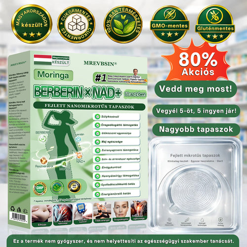 Orvosok által kifejlesztett formula 🛍️ | MREVBSIN® Moringa és berberin × NAD+ – 10 az 1-ben fejlett nano-mikrotűs tapasz (Látható eredmények már 7 nap alatt)