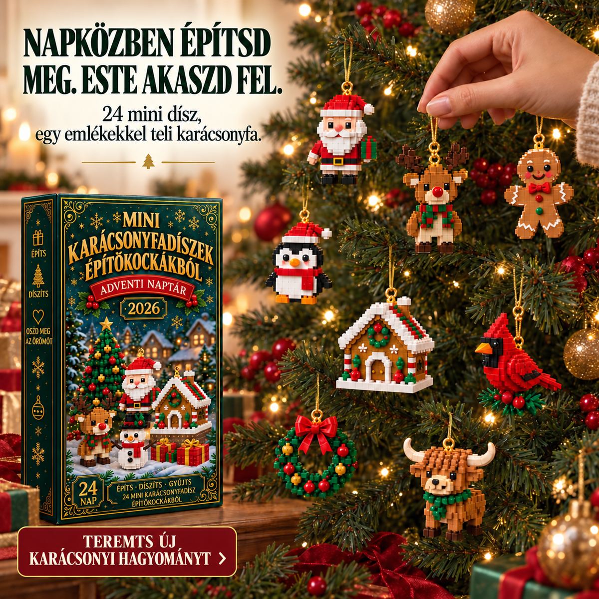🎅Billhol® 24 napos adventi naptár mini karácsonyi építőkocka-díszekkel – 24 különböző, megépíthető ünnepi figura és dísz