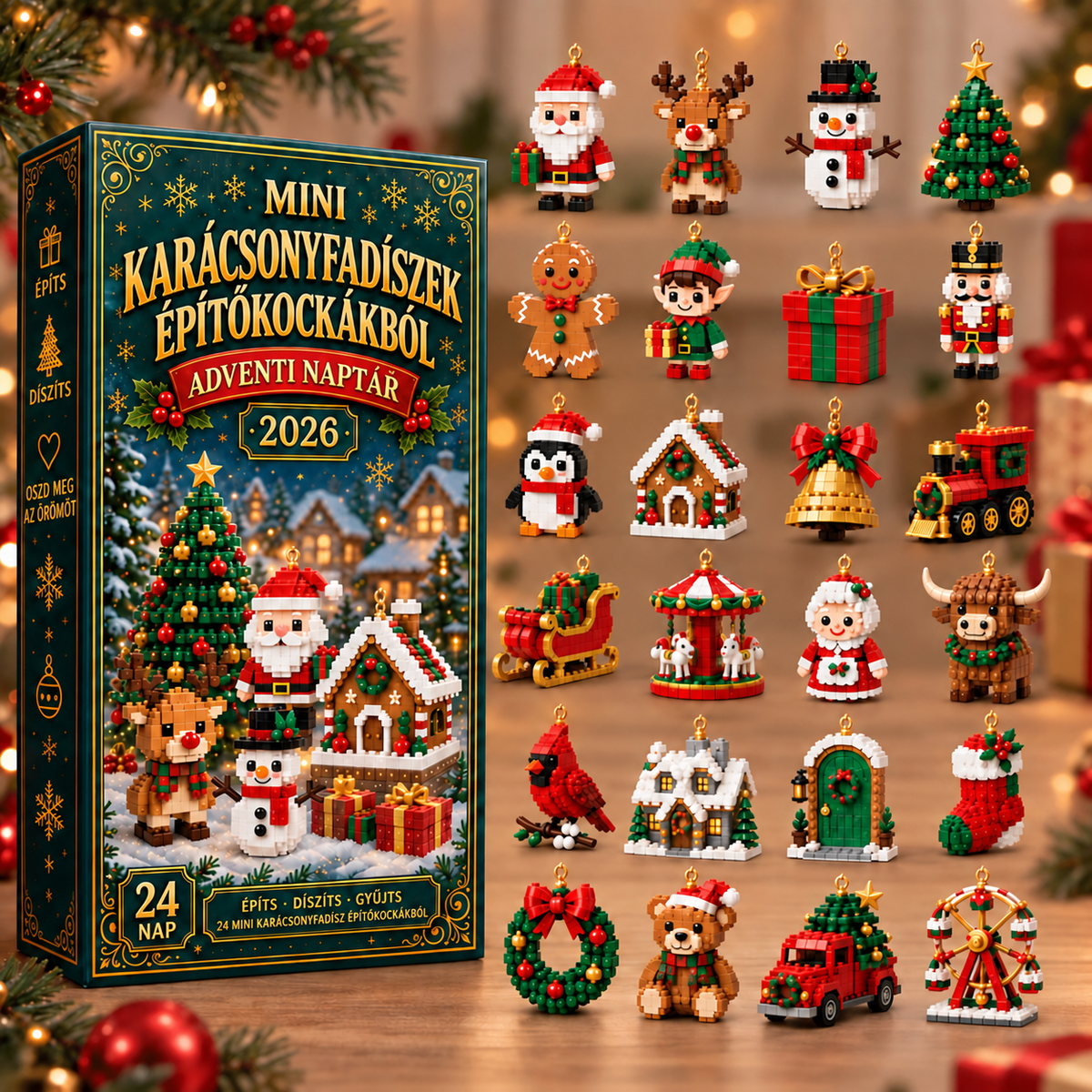 🎅Billhol® 24 napos adventi naptár mini karácsonyi építőkocka-díszekkel – 24 különböző, megépíthető ünnepi figura és dísz